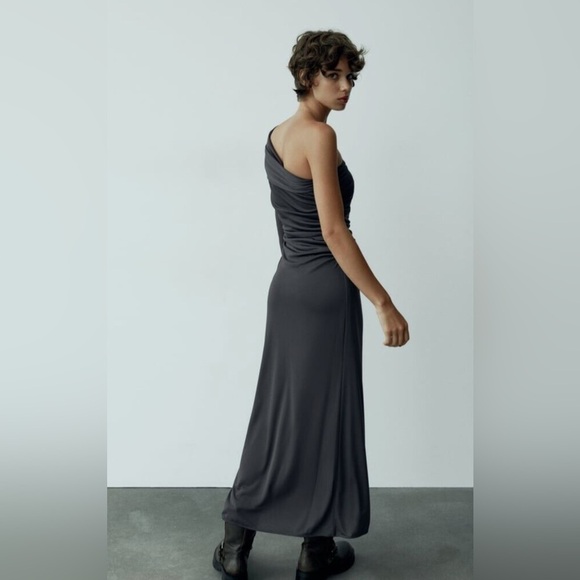 ZARA NWT DRAPED ASYMMETRICAL DRESS SIZE XS | ANTHRACITE GRAY - Picture 4 of 9